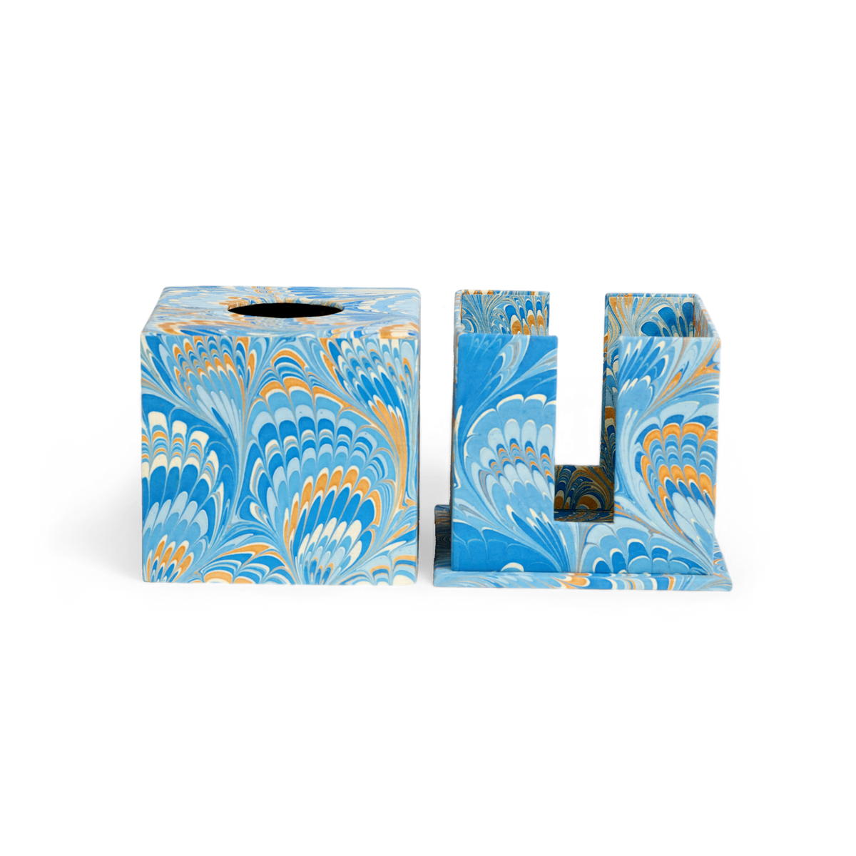 Azure Plume – Hand Marbled Tissue Box Cover  (5.25” H x 5” W x 5” D)