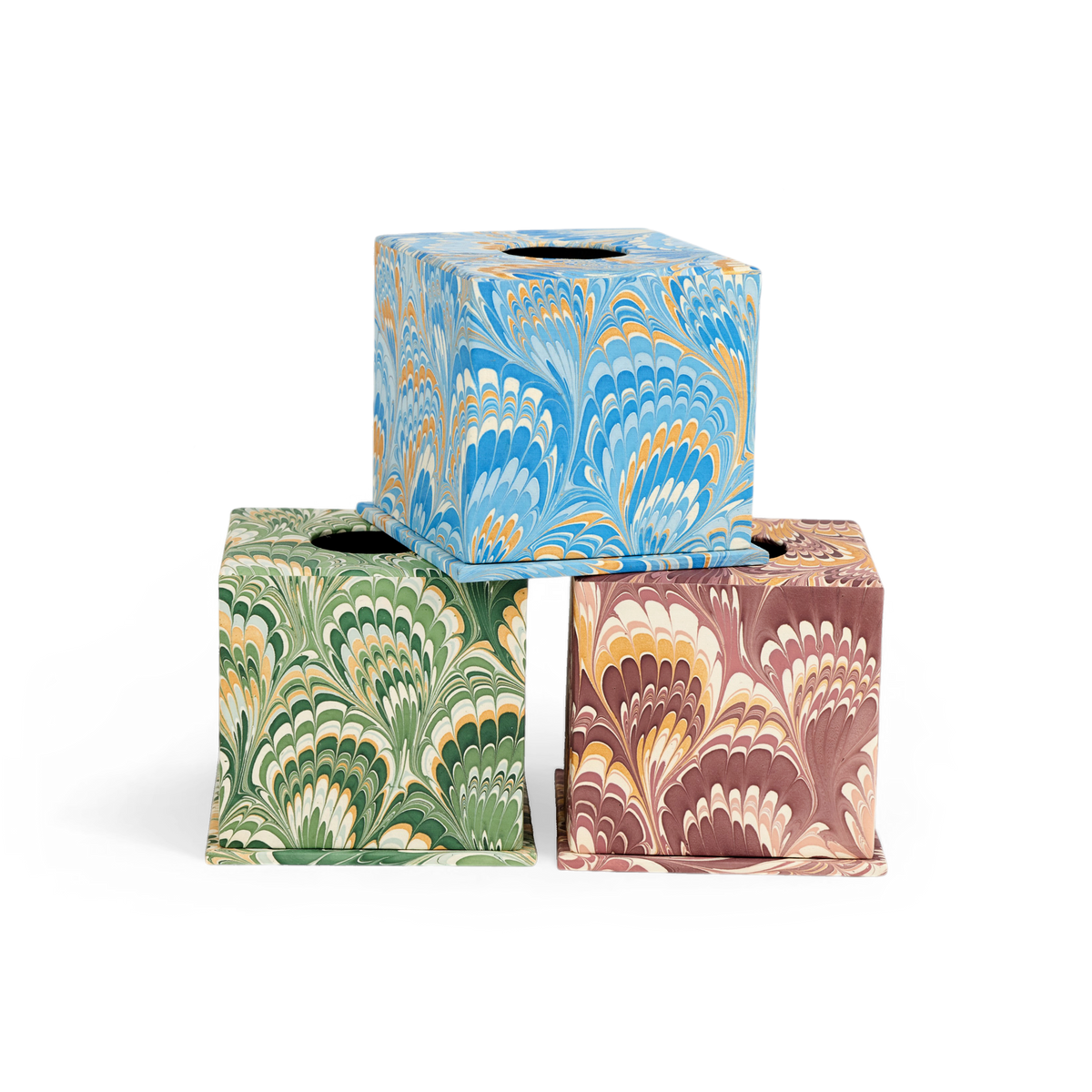 Azure Plume – Hand Marbled Tissue Box Cover  (5.25” H x 5” W x 5” D)