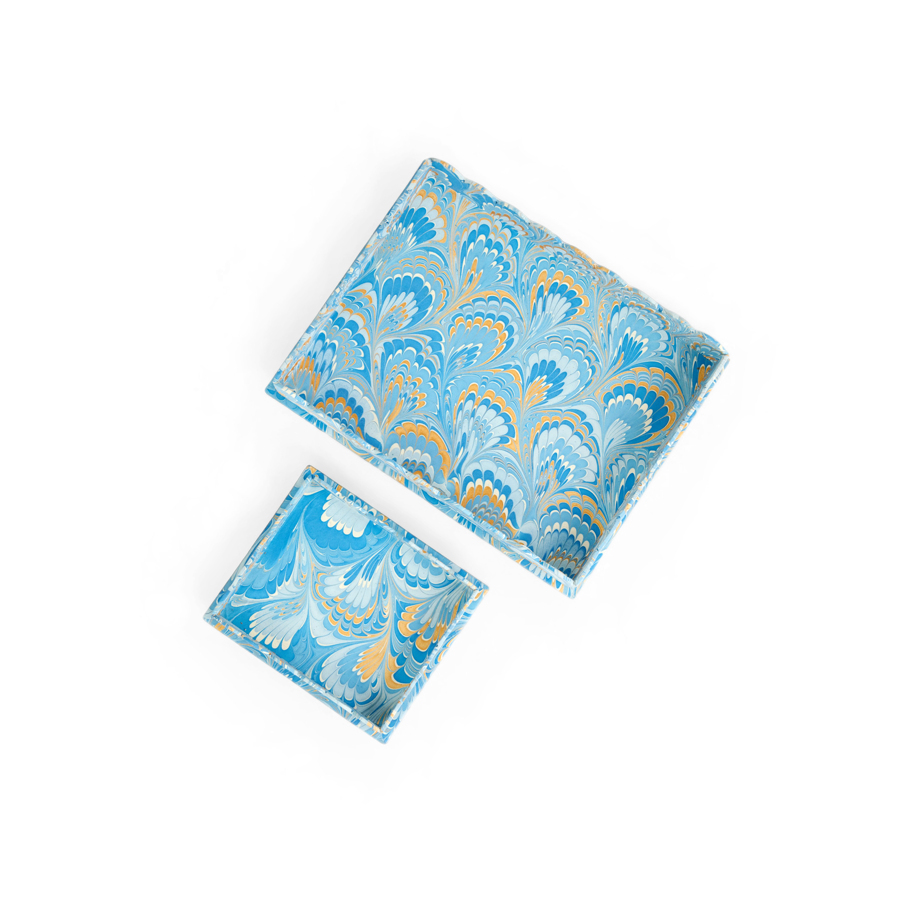 Azure Plume – Hand Marbled Scalloped Tray Set  (12" x 9.5" x 1.5")