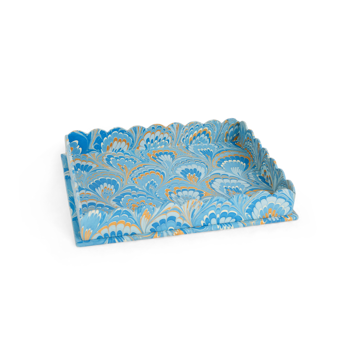 Azure Plume – Hand Marbled Scalloped Tray Set  (12" x 9.5" x 1.5")