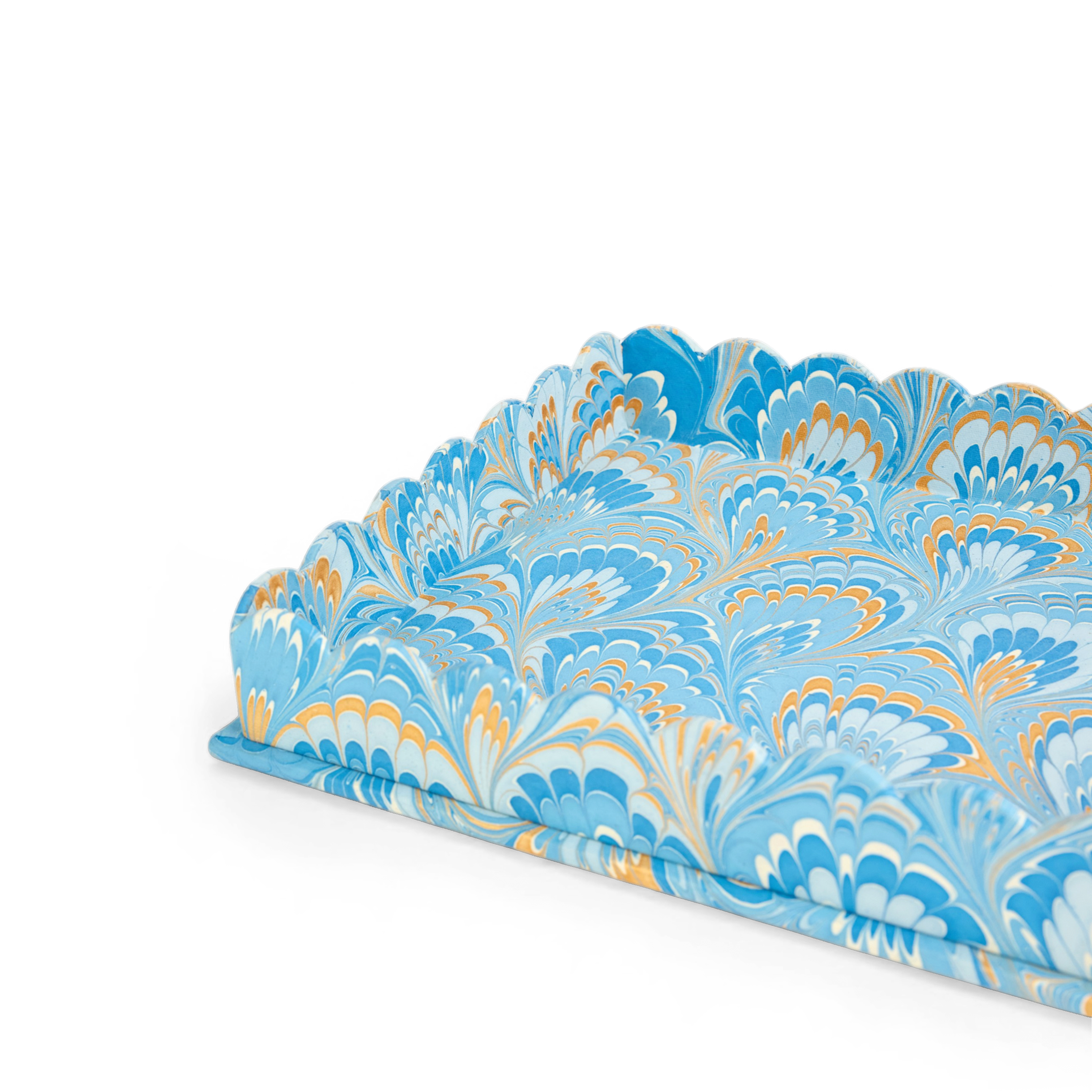 Azure Plume – Hand Marbled Scalloped Tray Set  (12" x 9.5" x 1.5")