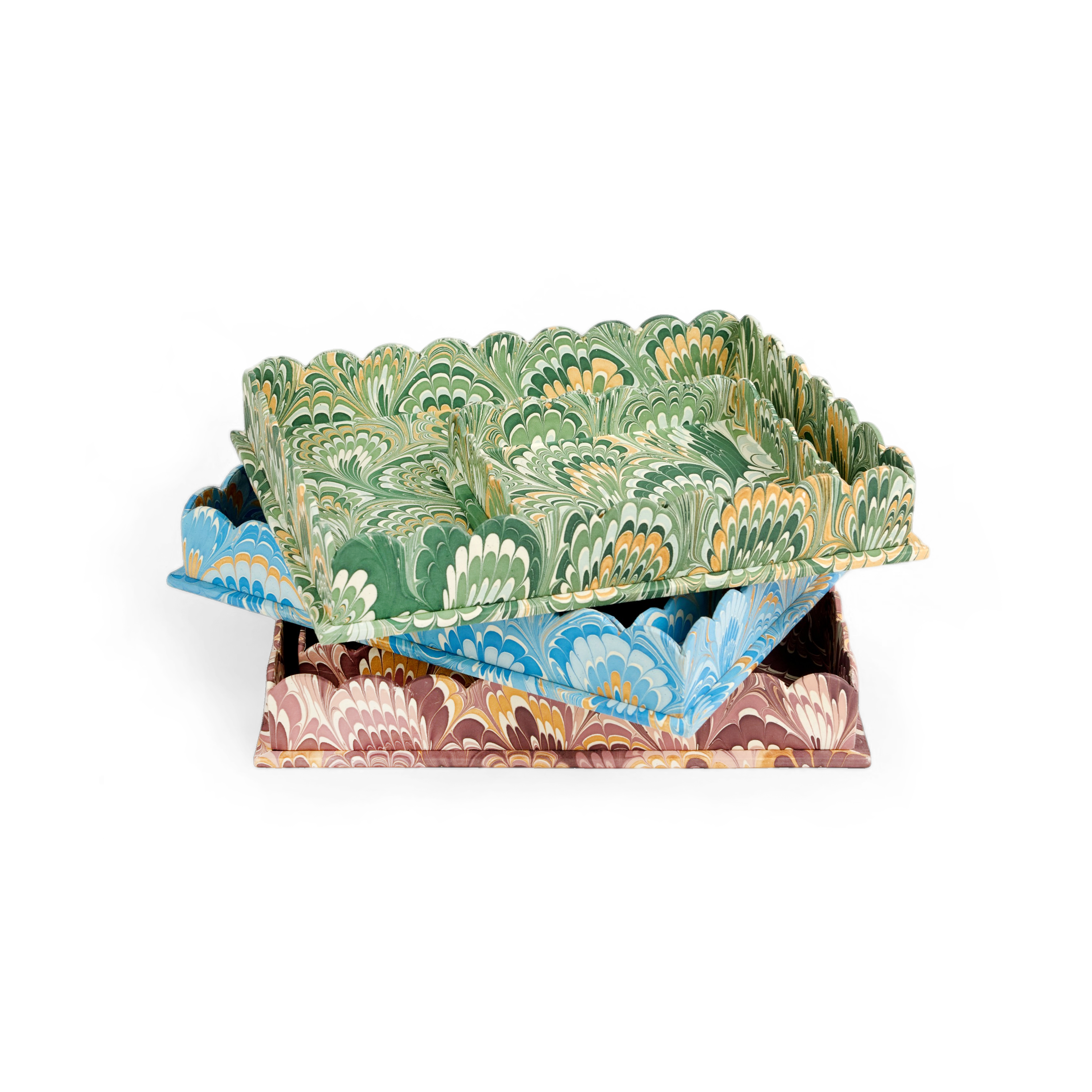 Azure Plume – Hand Marbled Scalloped Tray Set  (12" x 9.5" x 1.5")