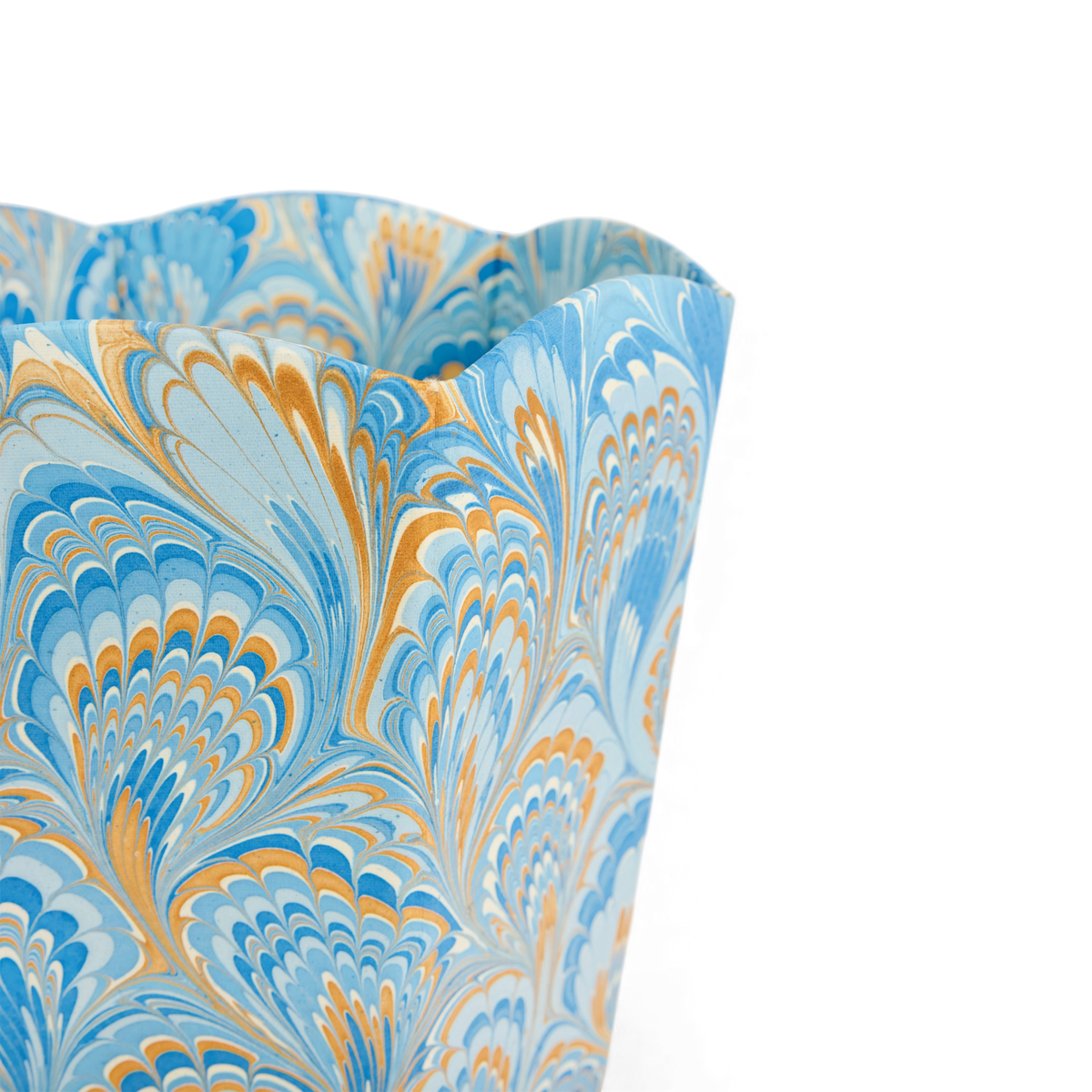 Azure Plume – Hand Marbled Scalloped Basket  (9.5" W x 9.5" D x 12" H )