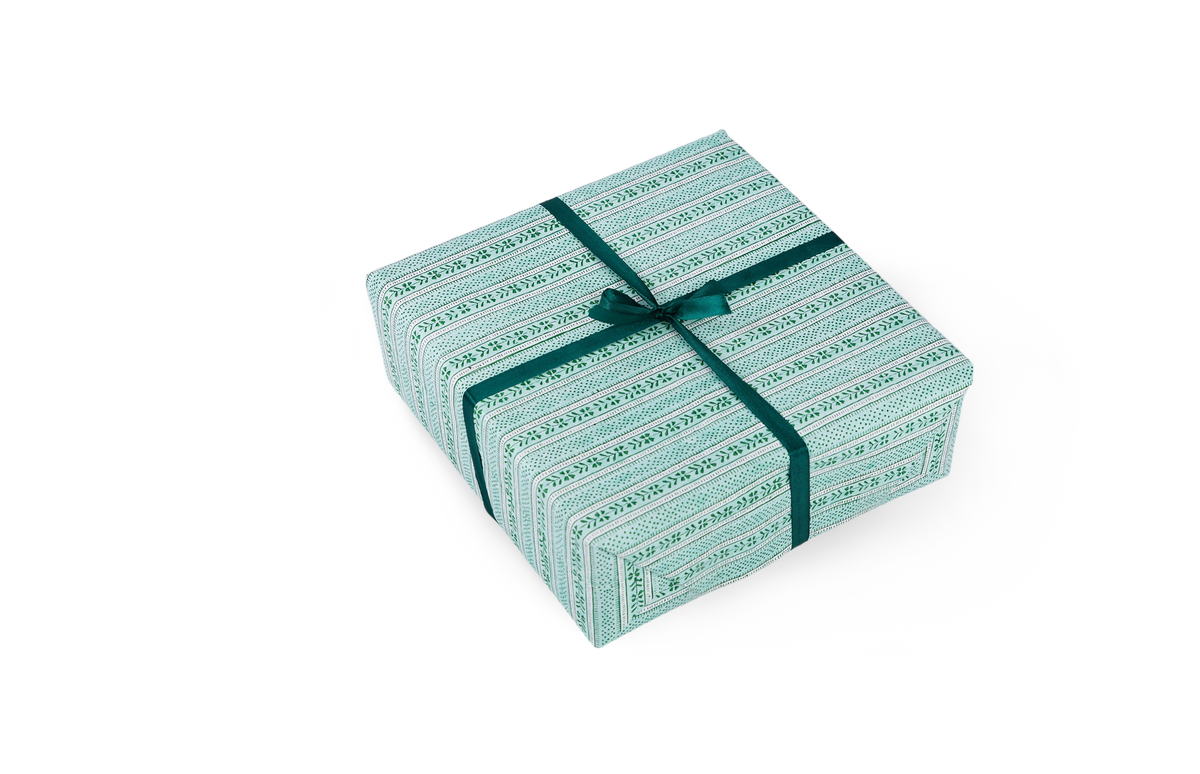Celadon Green Floral Stripe – Hand Block Printed Wrapping Paper Sheet ( 21" x 29" | 100% Recycled Cotton Paper)