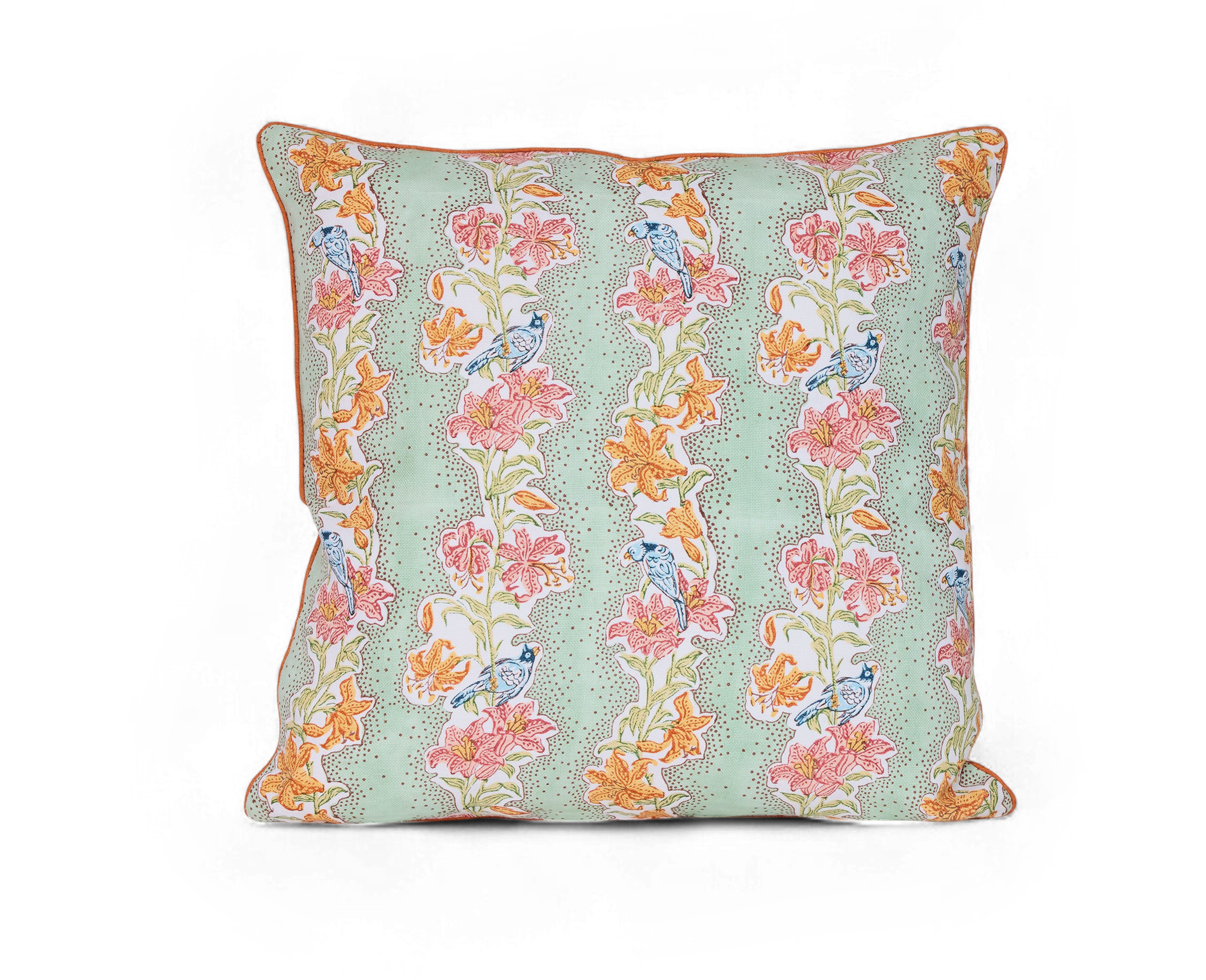 Parrot Garden – Hand Block Printed Linen Pillow Cover (20" x 20")