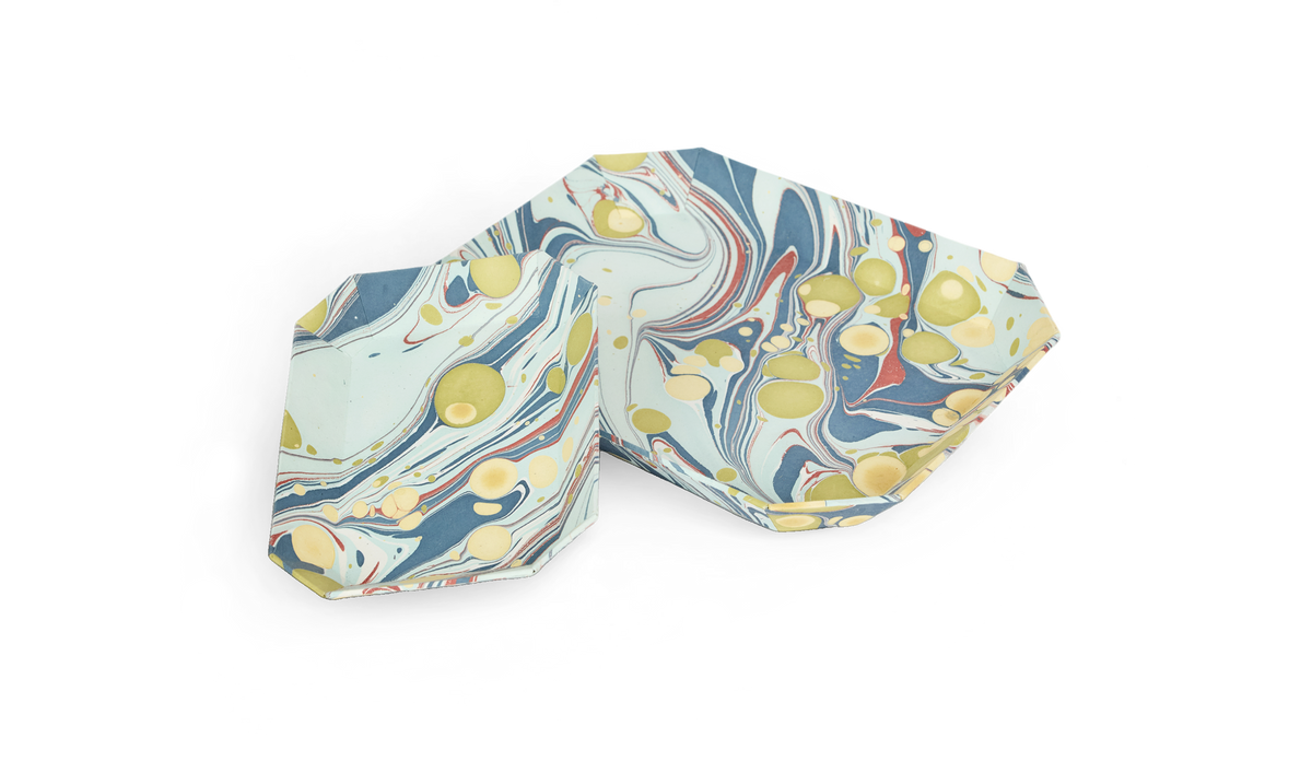 Ocean Stone – Hand Marbled Octagon Tray Set (Set of 2) (Large: 9" x 11" x 1.5") (Small - 5.75" X 7" X 1")