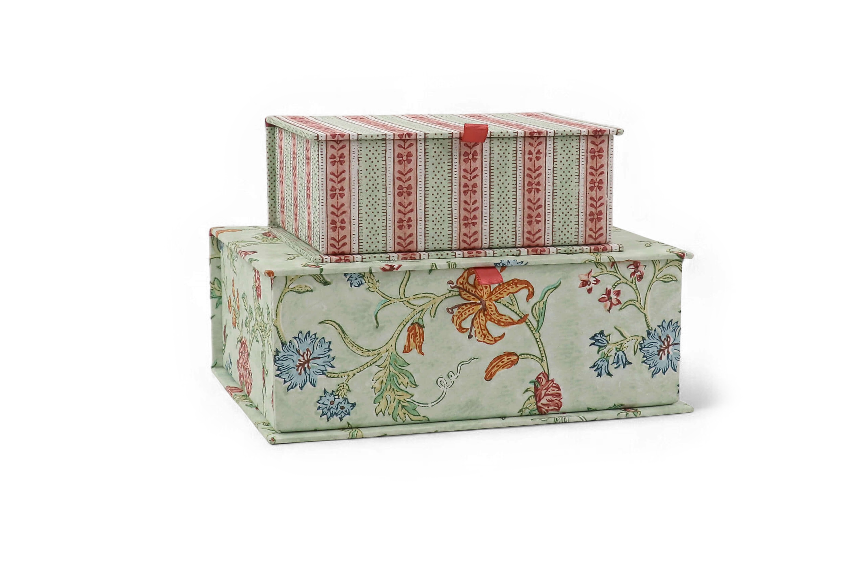 Mint Meadow – Hand Block Printed Keepsake Box Set (Set of 2) (Small: 6.75” x 5” x 2.75” | Large: 9.5” x 7” x 3.5” | 100% Recycled Cotton Paper)