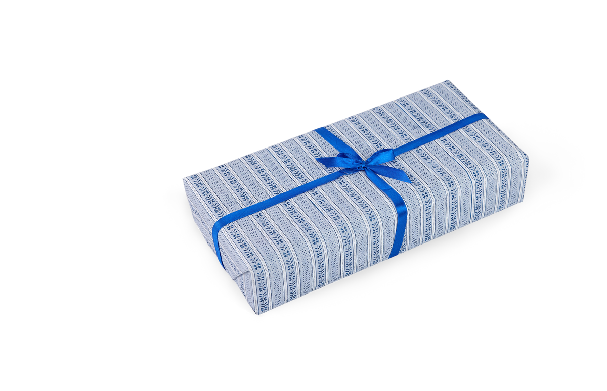 Harbor Blue Floral Stripe – Hand Block Printed Wrapping Paper Sheet ( 21" x 29" | 100% Recycled Cotton Paper)