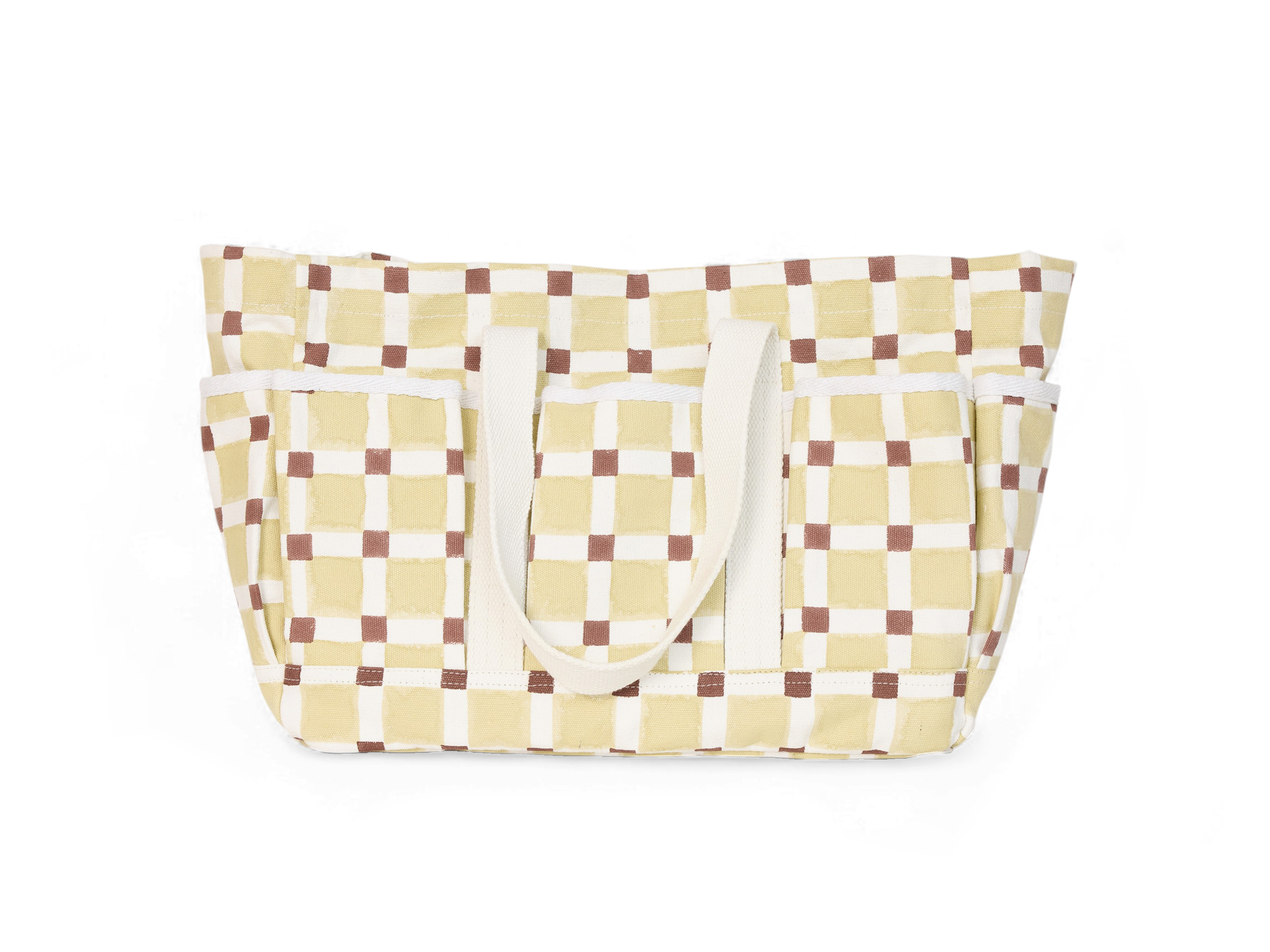 Butter Grid – Hand Block Printed Utility Tote in Brown (12” H x 16” W x 6” D | 100% Cotton Canvas)
