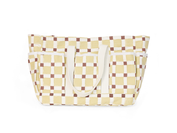 Butter Grid – Hand Block Printed Utility Tote in Brown (12” H x 16” W x 6” D | 100% Cotton Canvas)