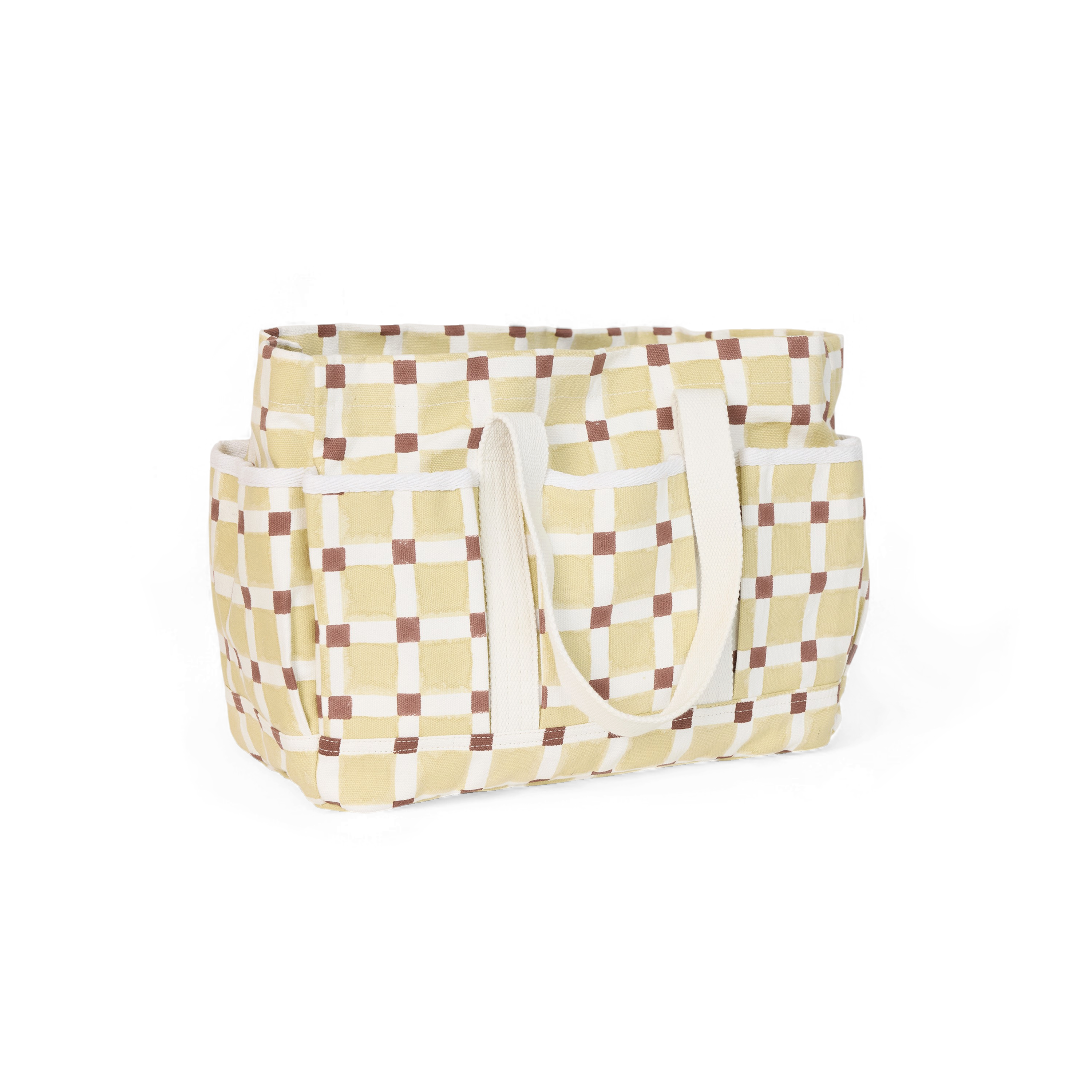 Butter Grid – Hand Block Printed Utility Tote in Brown (12” H x 16” W x 6” D | 100% Cotton Canvas)