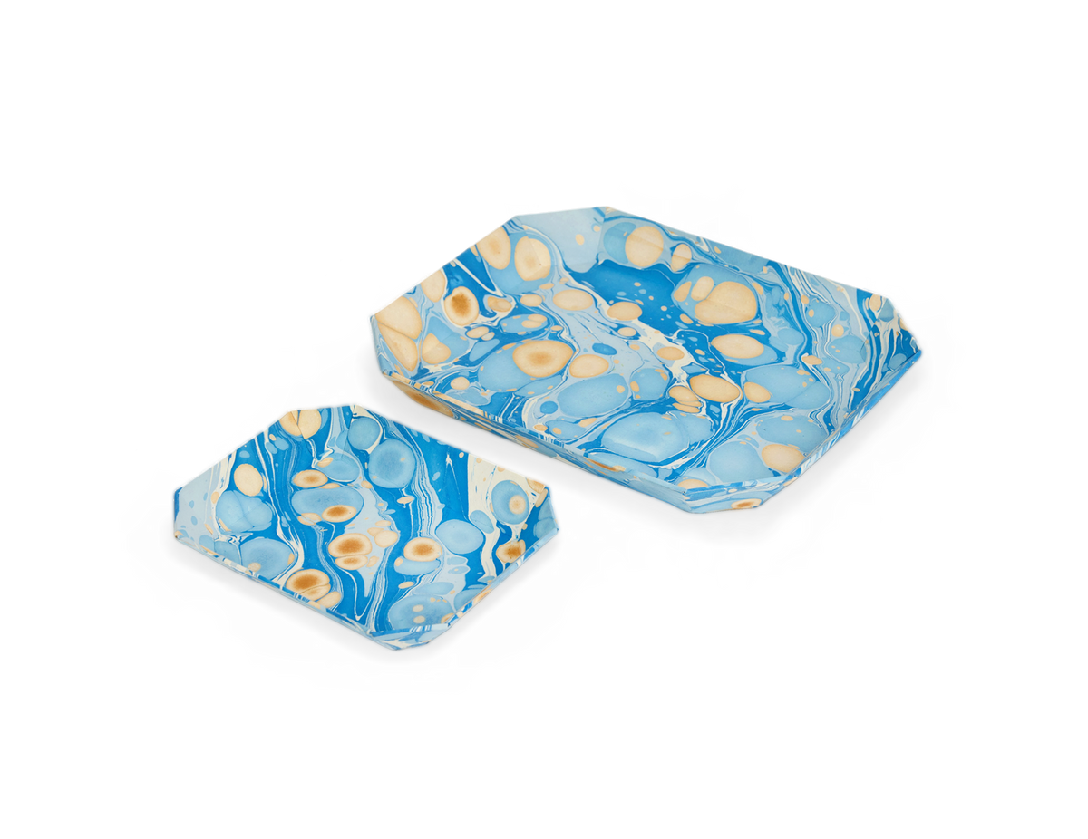 Azure Stone – Hand Marbled Octagon Tray Set (Set of 2)  (Large: 9" x 11" x 1.5")