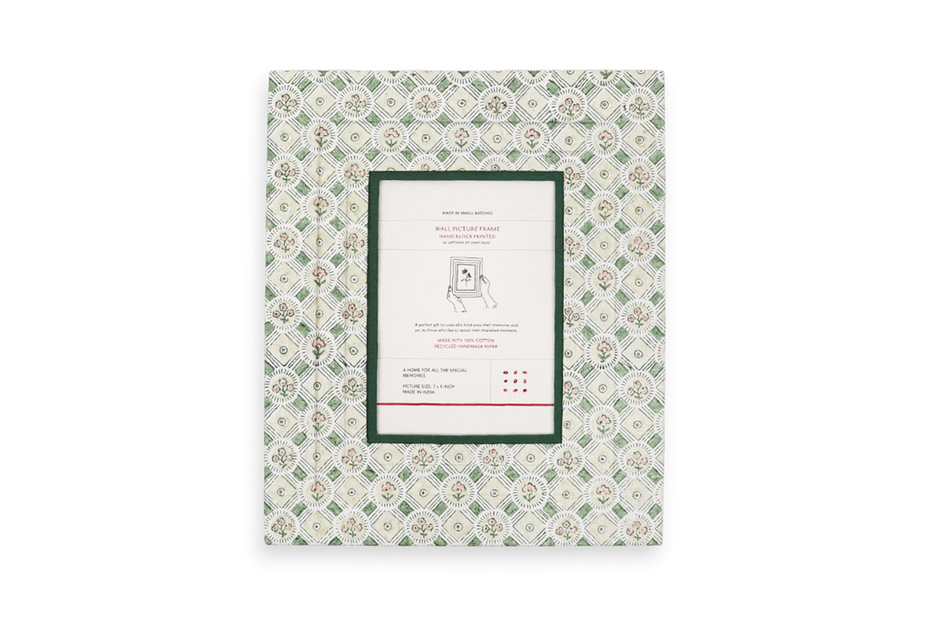 Noor Sage  – Hand Block Printed Wall Picture Frame (12" x 10", fits 7" x 5" photo)