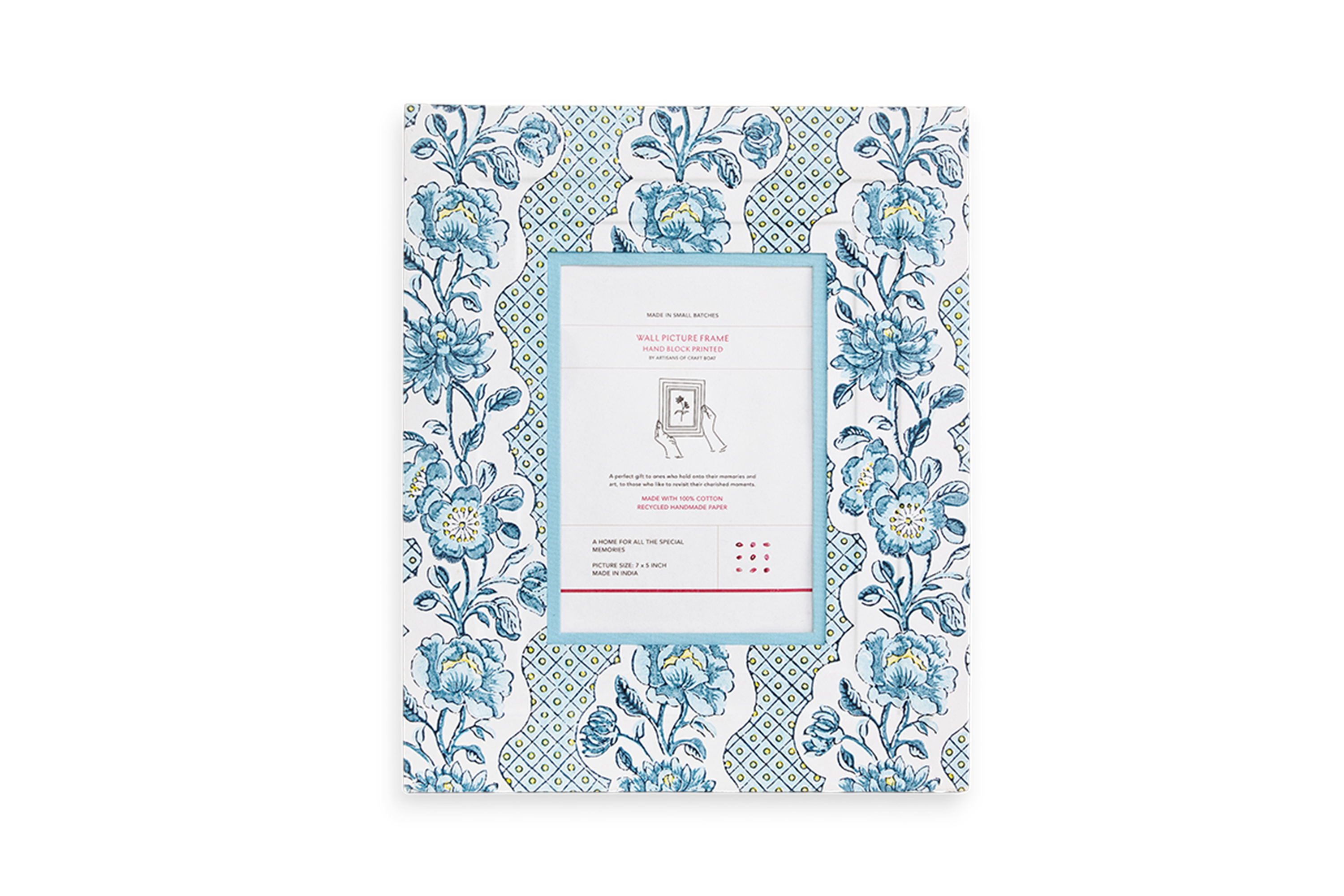 Azure Bloom – Hand Block Printed Wall Picture Frame (12" x 10", fits 7" x 5" photo)