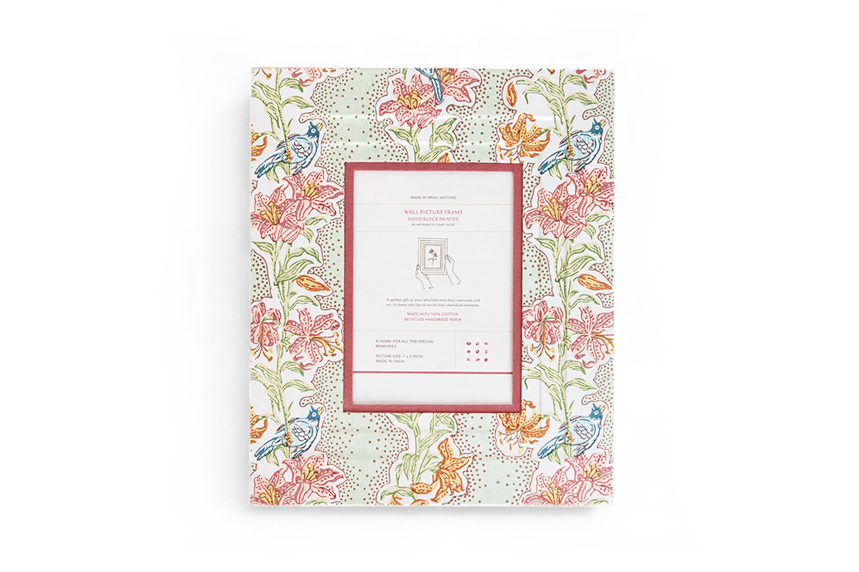 Parrot Garden – Hand Block Printed Wall Picture Frame (12" x 10", fits 7" x 5" photo)