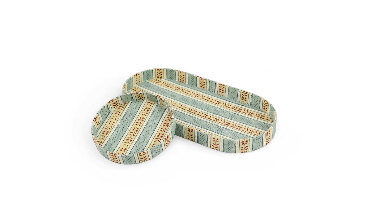 Sage Vine – Hand Block Printed Dual Tray Set (Set of 2) (Large: 4.5" x 9" x 1") (Small: 4" x 4" x 0.6")