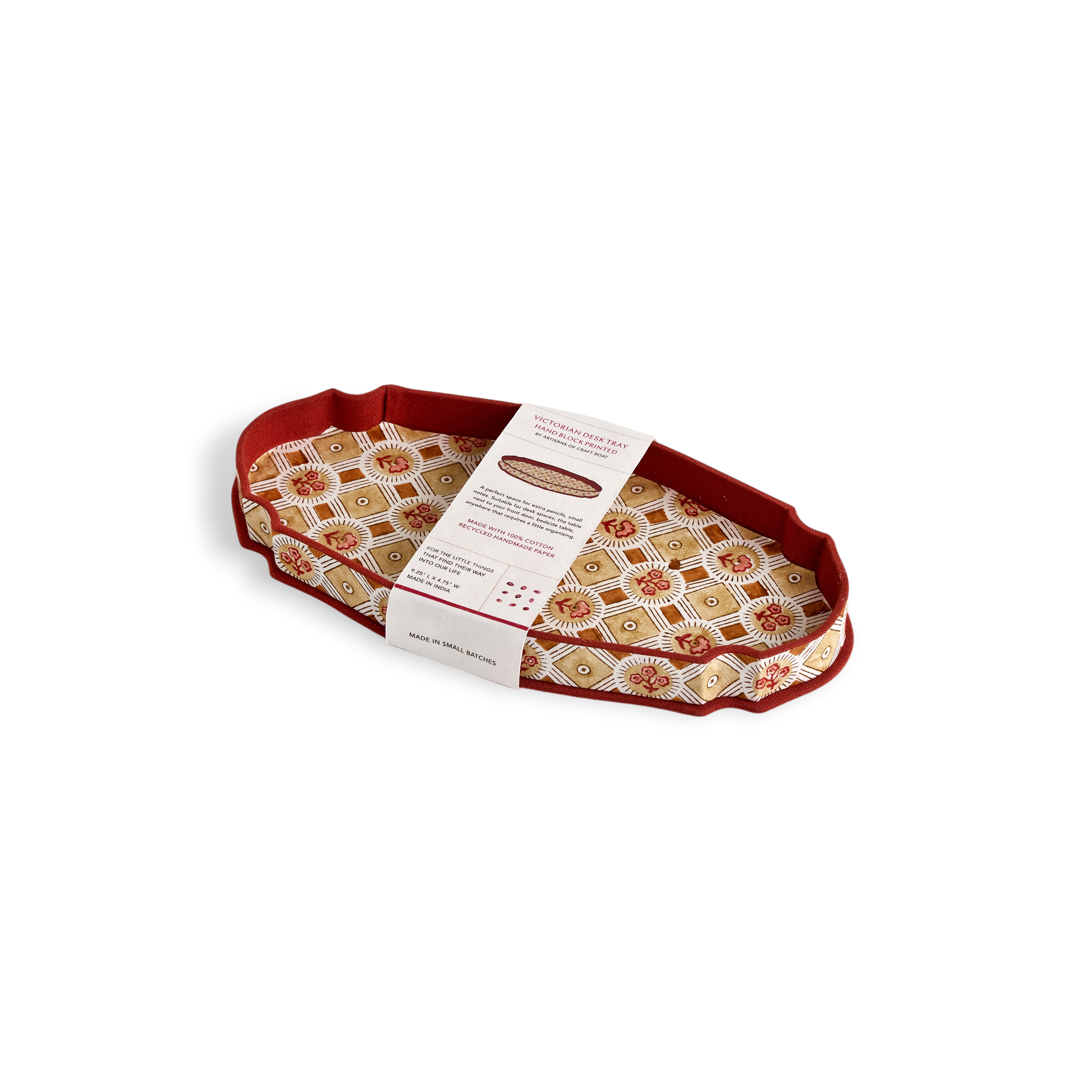Saanjh Print – Hand Block Printed Crest Tray in Gold Brick Red (9.25" x 4.75" x 1")