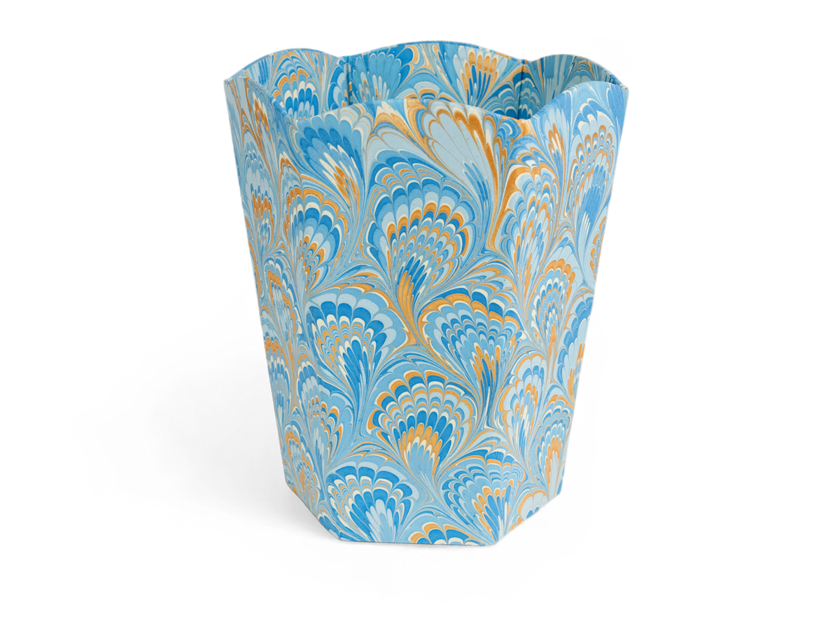 Azure Plume – Hand Marbled Scalloped Basket  (9.5" W x 9.5" D x 12" H )