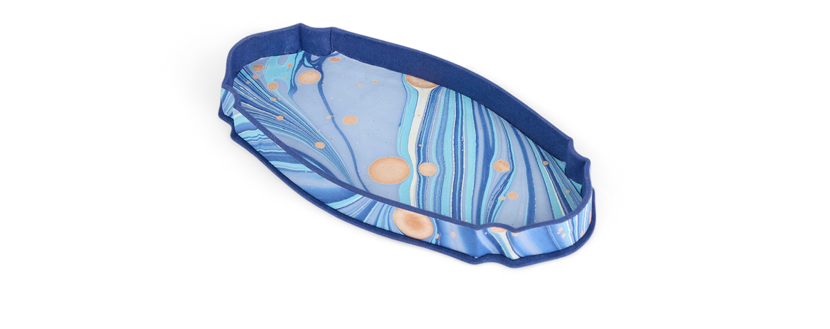 Harbor Blue Fire Whirl – Hand Marbled Victorian Desk Tray (9.25" x 4.75" x 1")