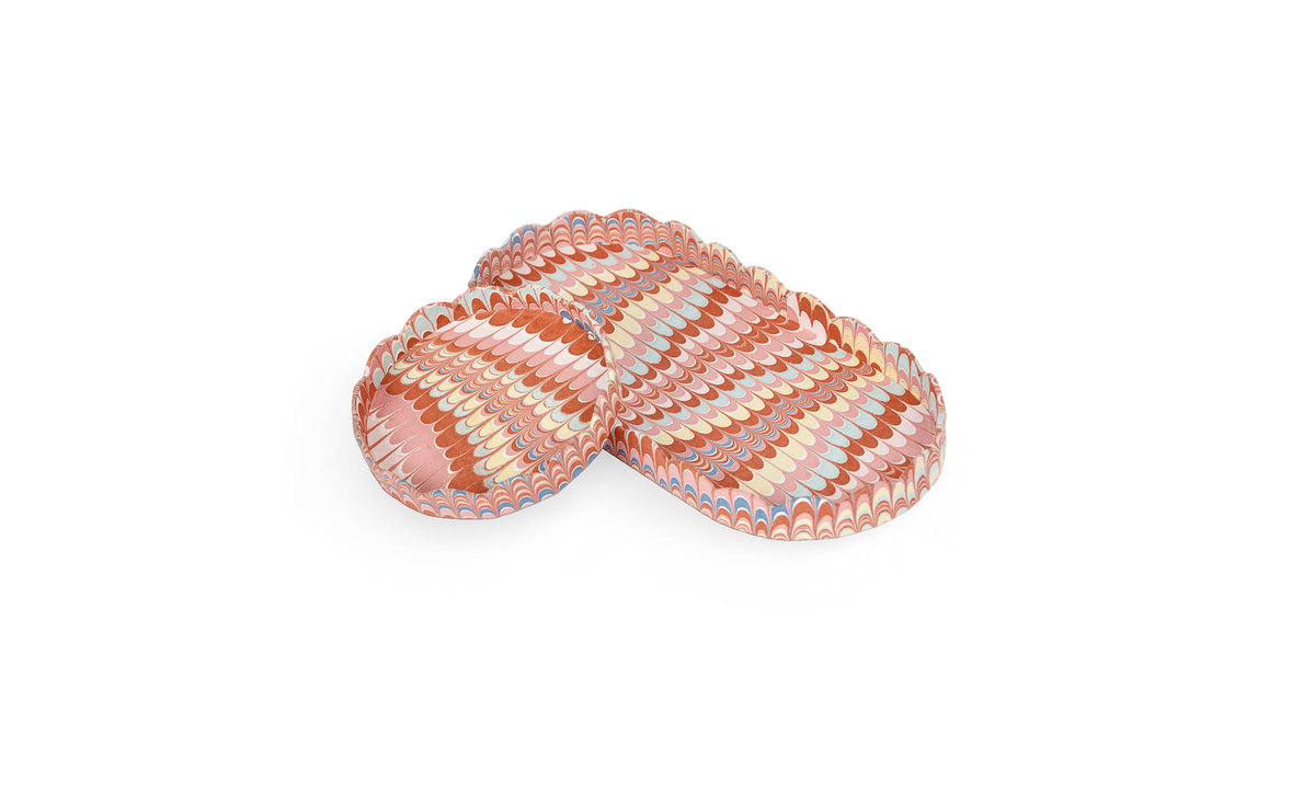 Sunset Wave – Hand Marbled Scalloped Tray Set (Set of 2) (Large: 4.5" x 9" x 1") (Small: 4" x 4" x 0.6")
